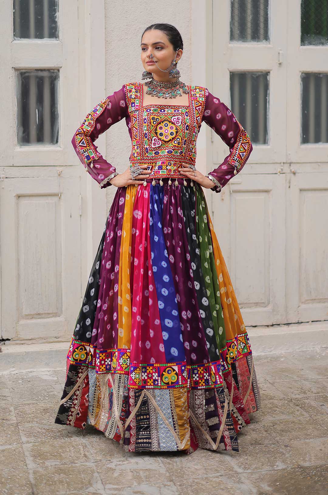 Elegant Georgette Gamthi Embroidered Lehenga Choli Set with Kali Stitch Flair