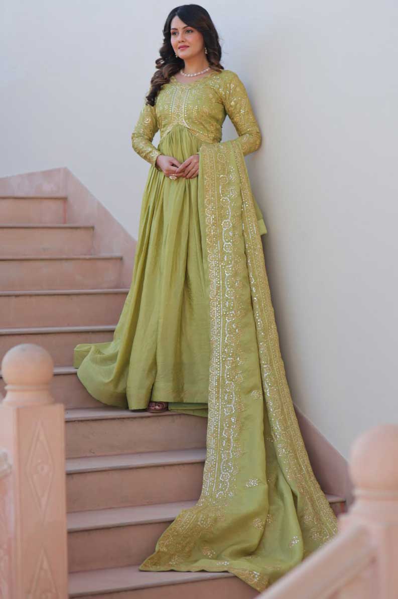 Elegant Green Gold-Crush Embroidered Gown with Dupatta