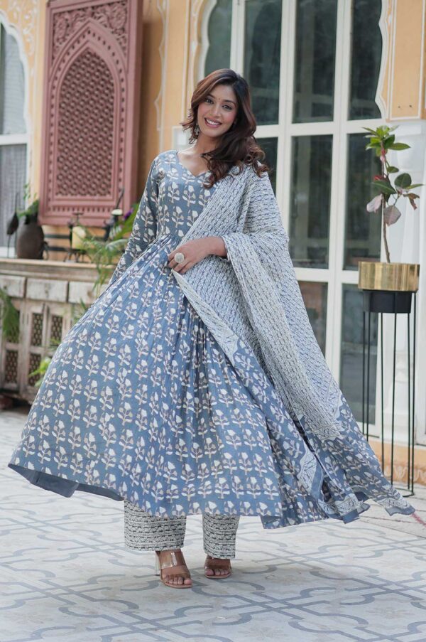Elegant Grey Pure Cotton Anarkali Set with Dupatta – Subtle Grace, Everyday Style