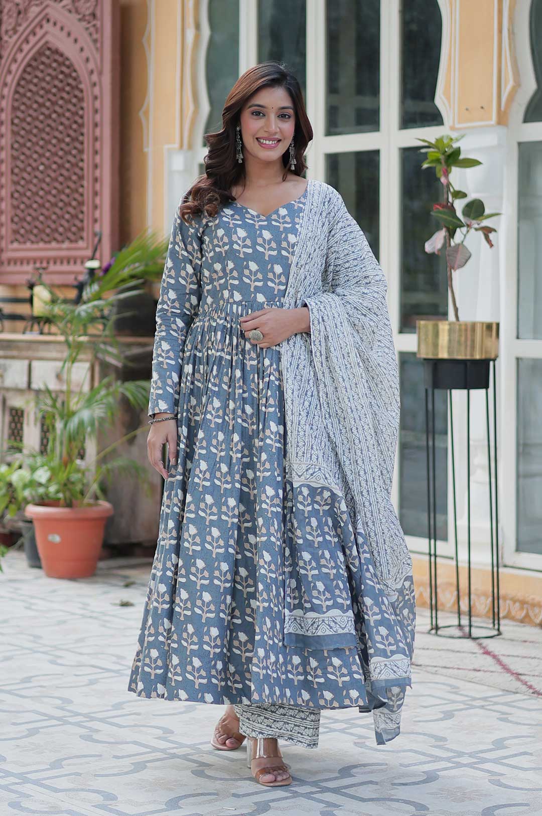 Elegant Grey Pure Cotton Anarkali Set with Dupatta – Subtle Grace, Everyday Style