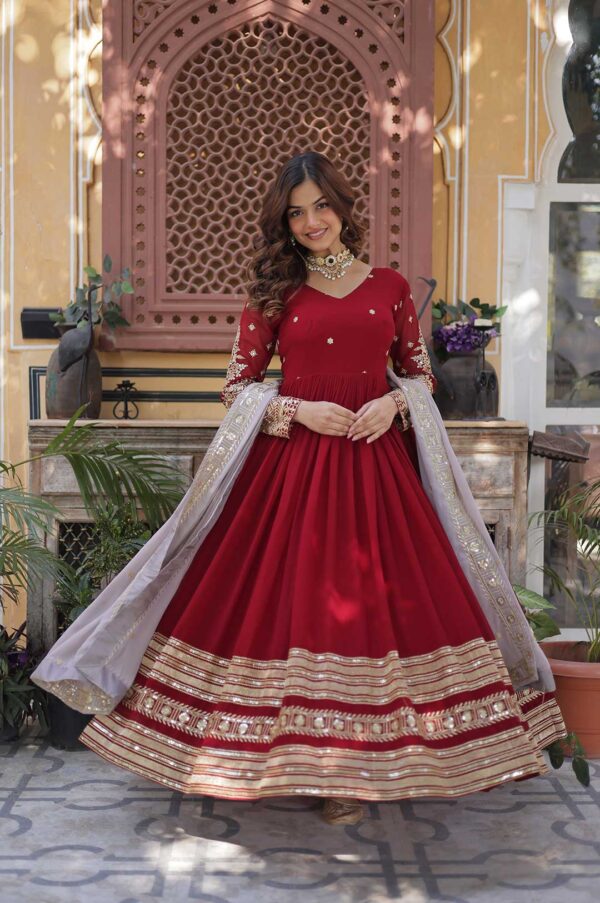 Elegant Maroon Embroidered Gown Set with Designer Dupatta