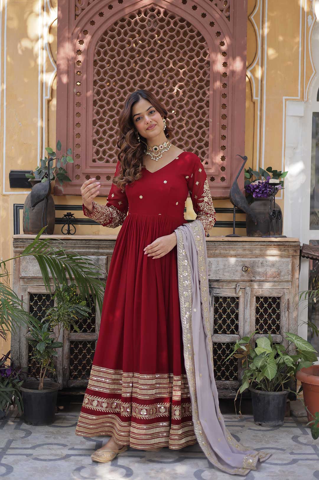 Elegant Maroon Embroidered Gown Set with Designer Dupatta