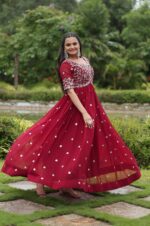 Elegant-Maroon-Faux-Blooming-Gown-with-Zari-&amp;-Sequins-Embroidery-2