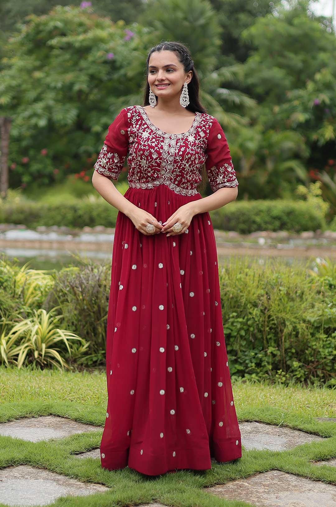 Elegant Maroon Faux Blooming Gown with Zari & Sequins Embroidery
