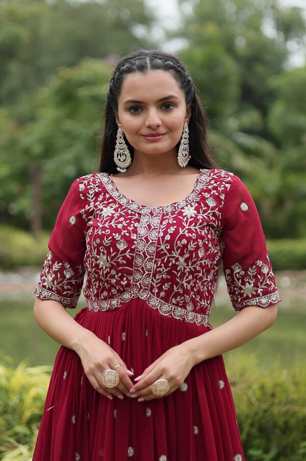 Elegant Maroon Faux Blooming Gown with Zari & Sequins Embroidery