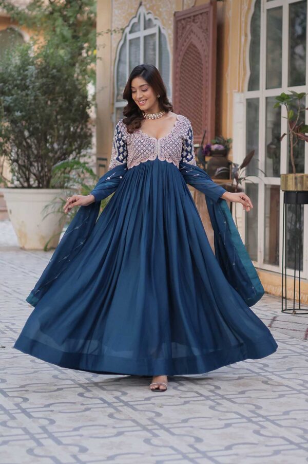 Elegant Mor-Pich Blue Star Georgette Gown with Beads & Sequins Work