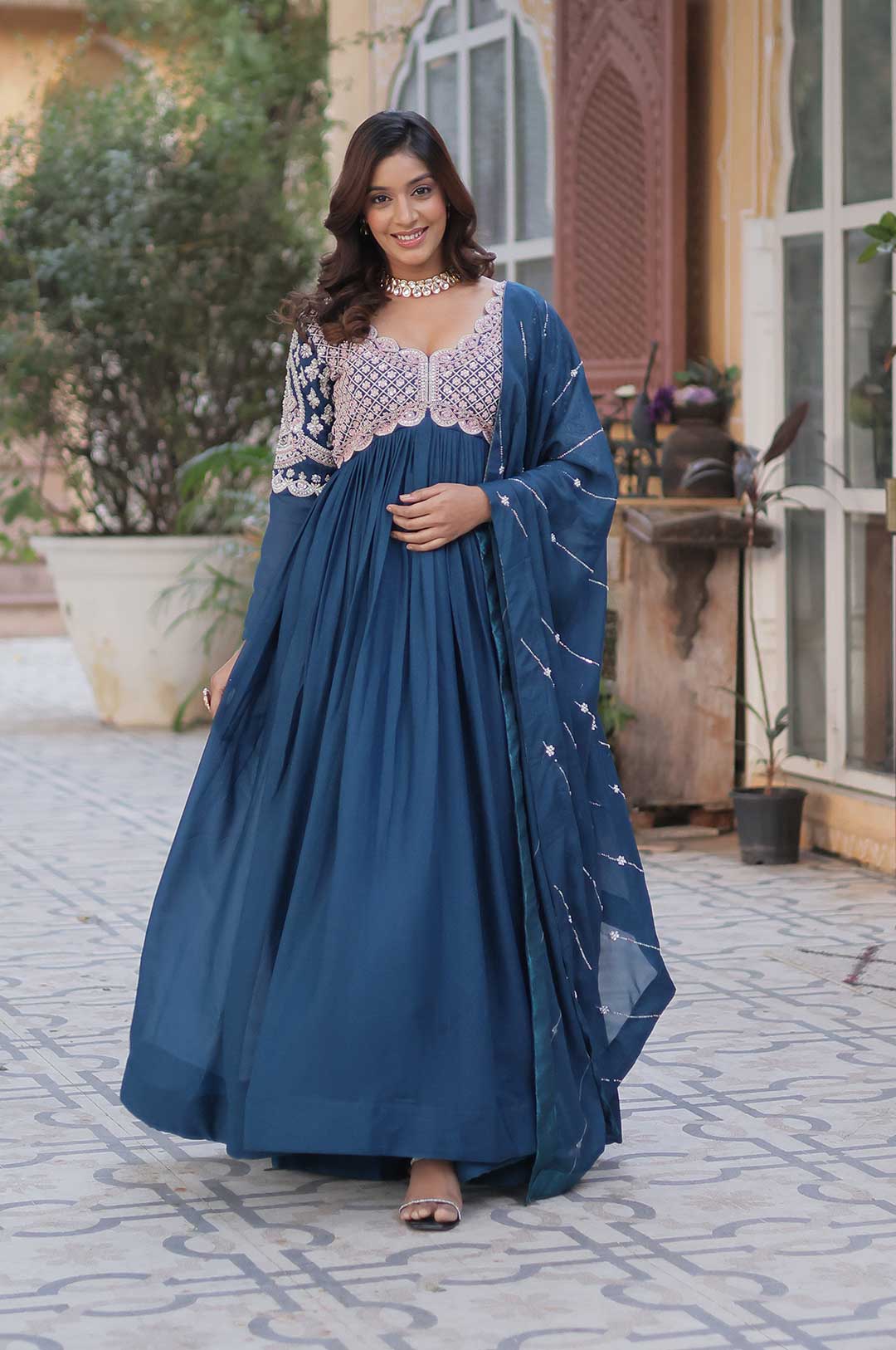 Elegant Mor-Pich Blue Star Georgette Gown with Beads & Sequins Work