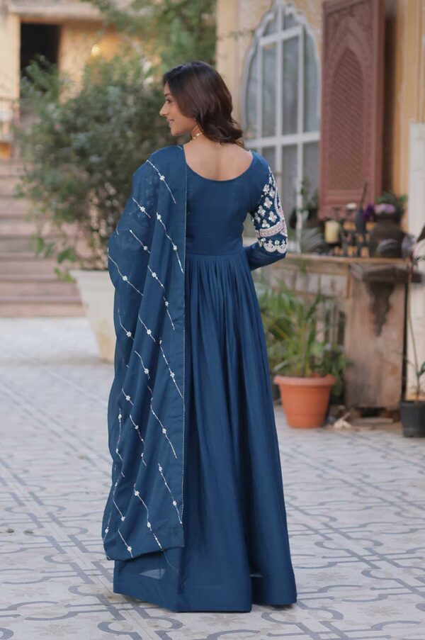 Elegant Mor-Pich Blue Star Georgette Gown with Beads & Sequins Work
