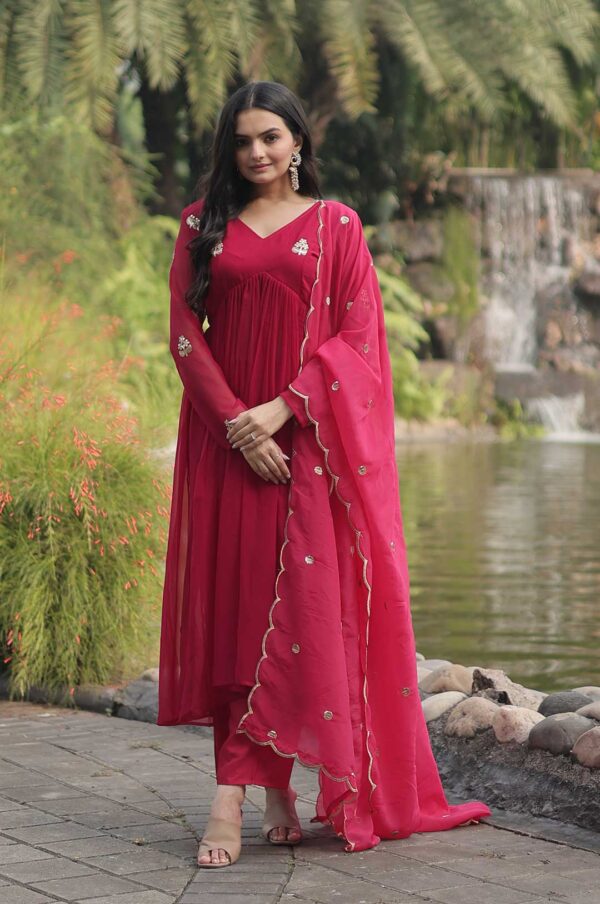 Elegant Pink Alia Cut Embroidered Suit Set