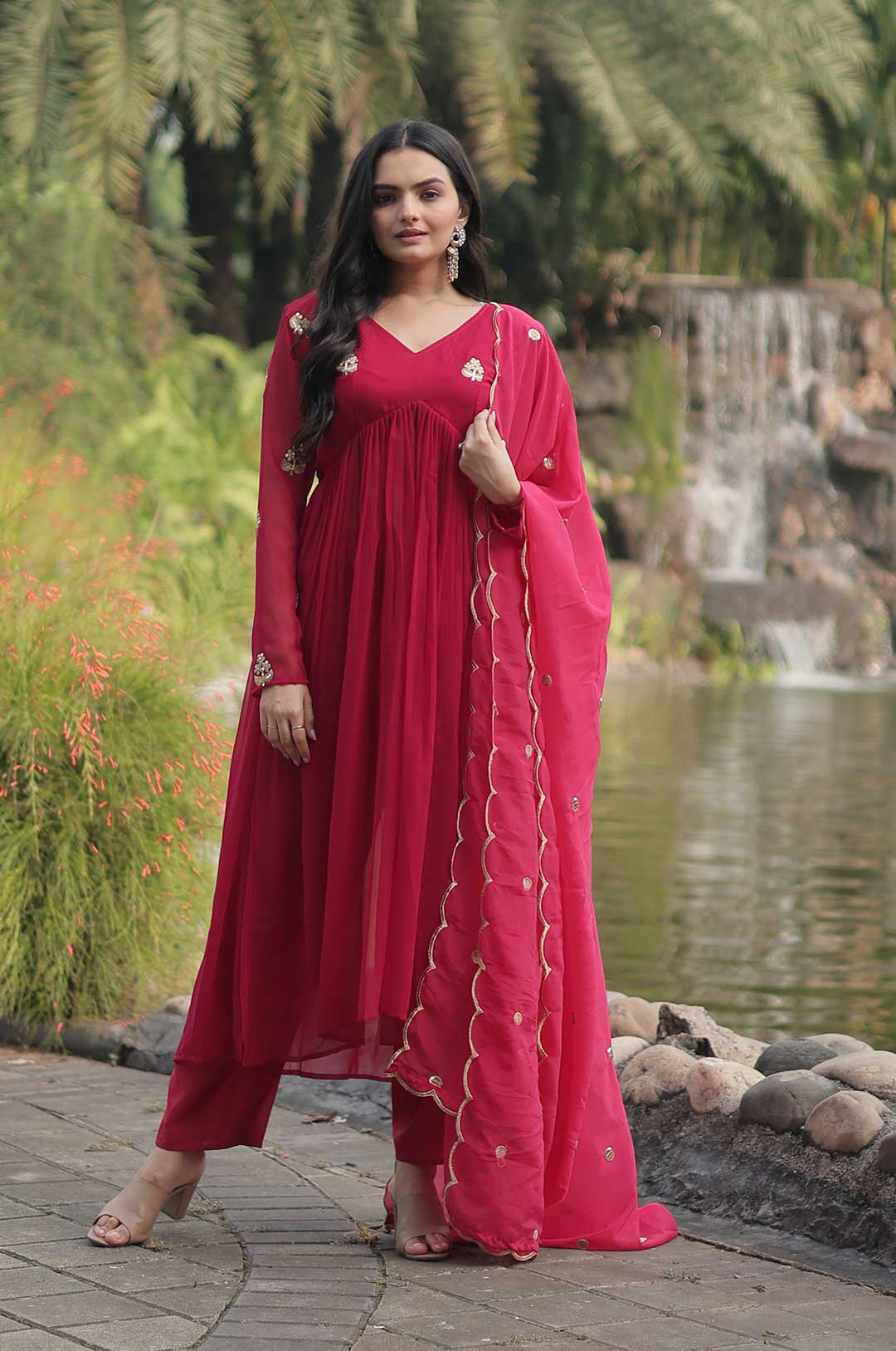 Elegant Pink Alia Cut Embroidered Suit Set