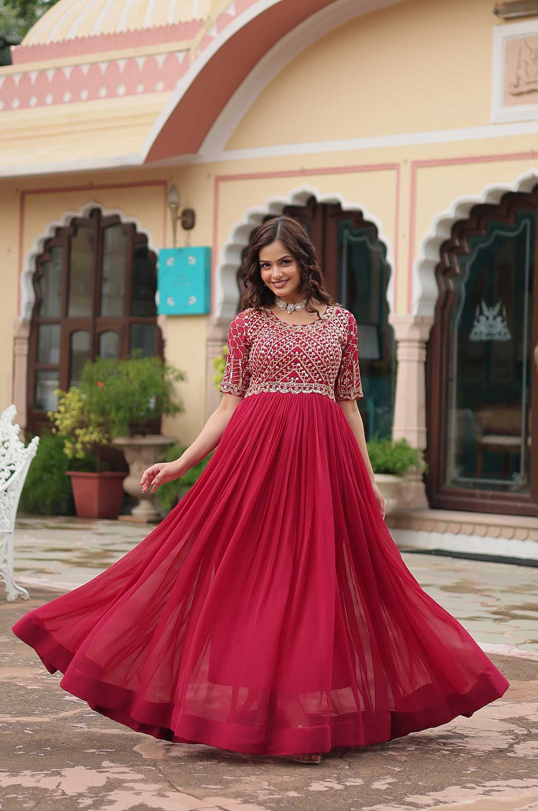 Elegant Pink Faux Blooming Gown with Zari & Sequins Work