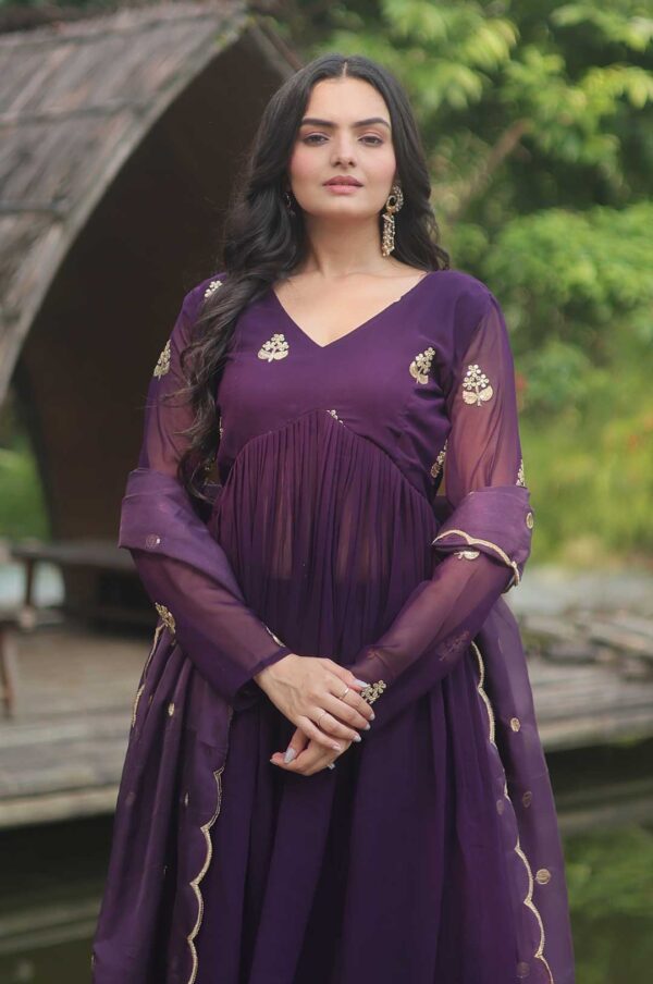 Elegant Purple Alia Cut Embroidered Suit Set