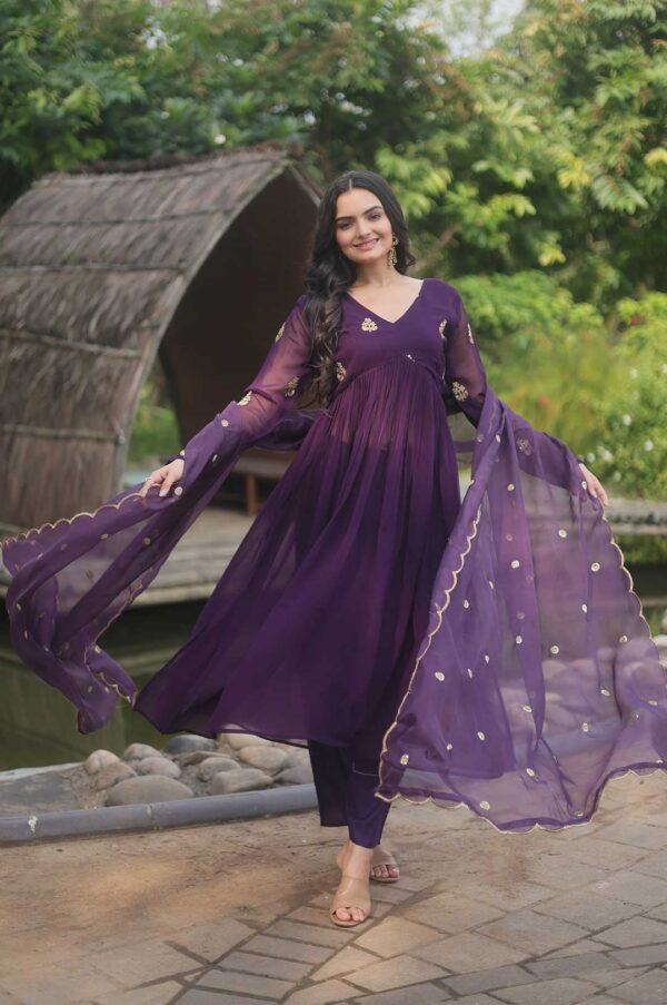 Elegant Purple Alia Cut Embroidered Suit Set
