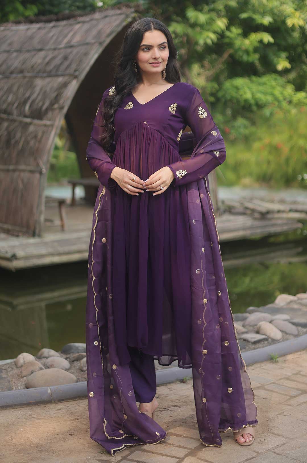 Elegant Purple Alia Cut Embroidered Suit Set
