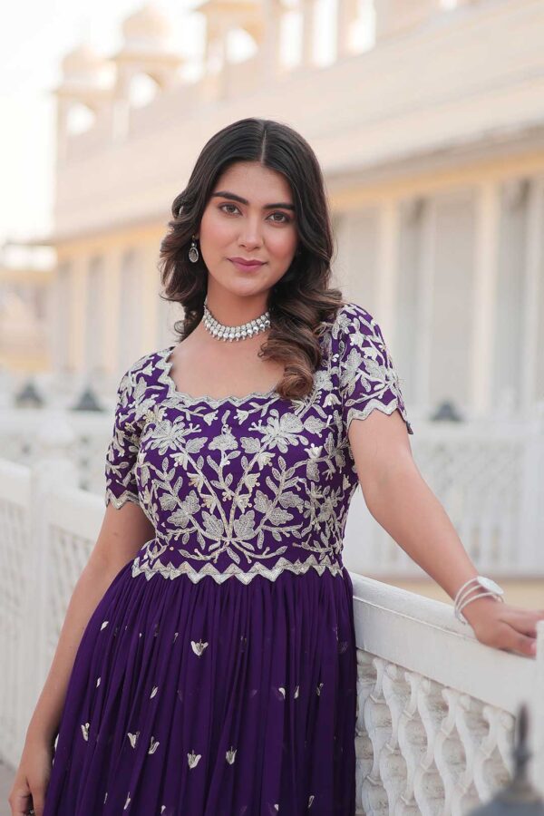 Purple Georgette Gown with Embroidered Bodice & Silver Motifs