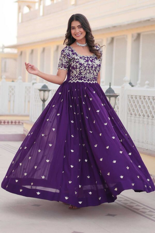 Purple Georgette Gown with Embroidered Bodice & Silver Motifs