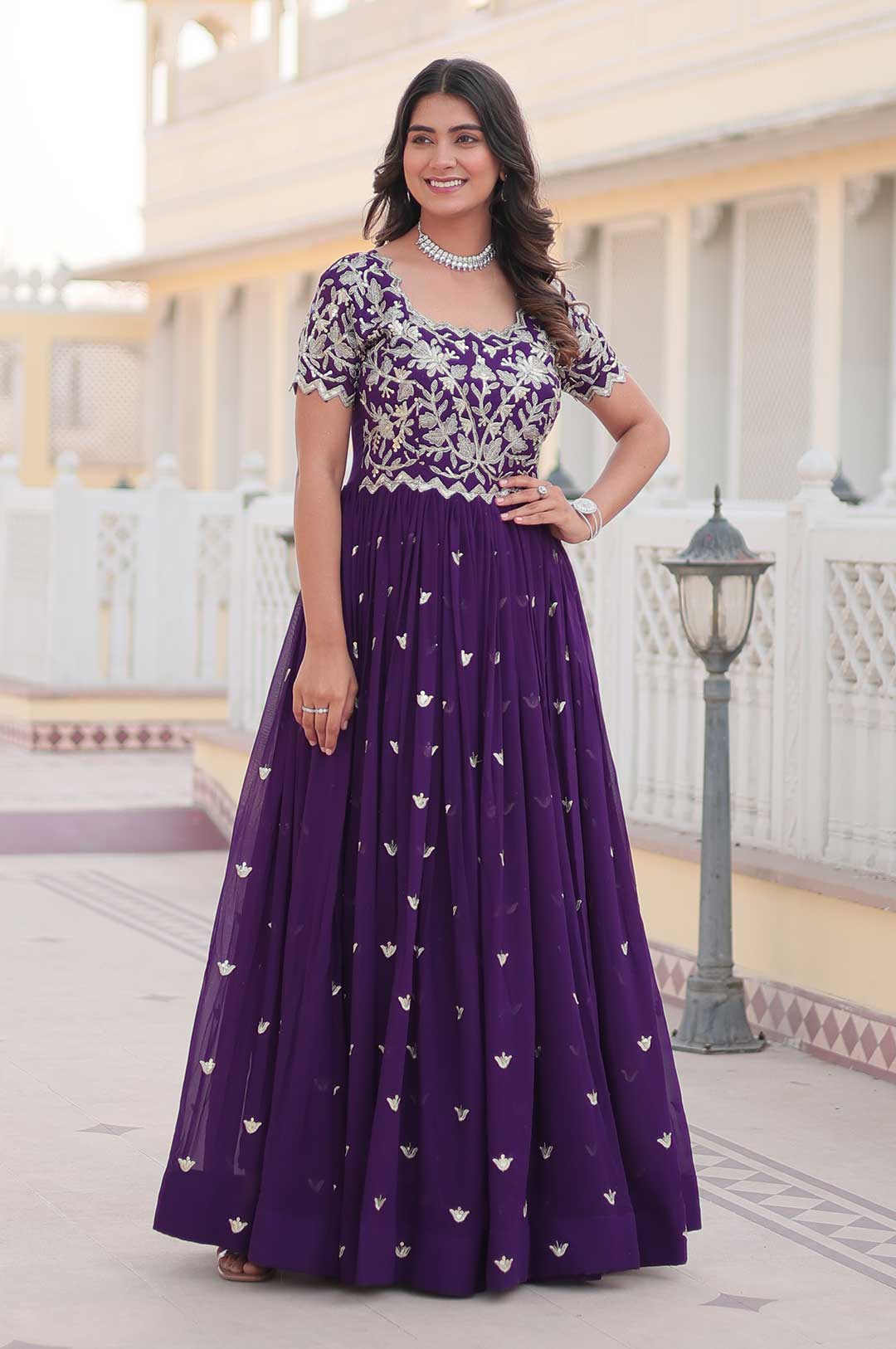 Purple Georgette Gown with Embroidered Bodice & Silver Motifs