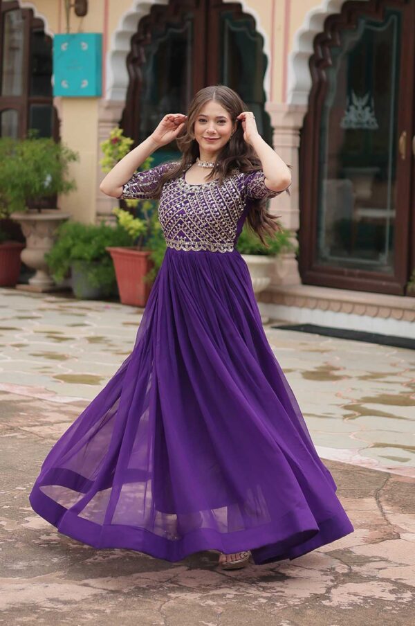 Elegant Purple Faux Blooming Gown with Zari & Sequins Work