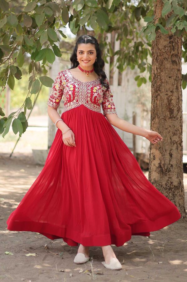 Elegant Red Faux Blooming Gown with Zari Sequins Embroidery