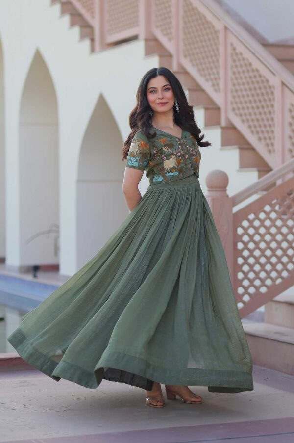 Green Elegant Silver Crunchy Fabric Gown with Embroidered Koti