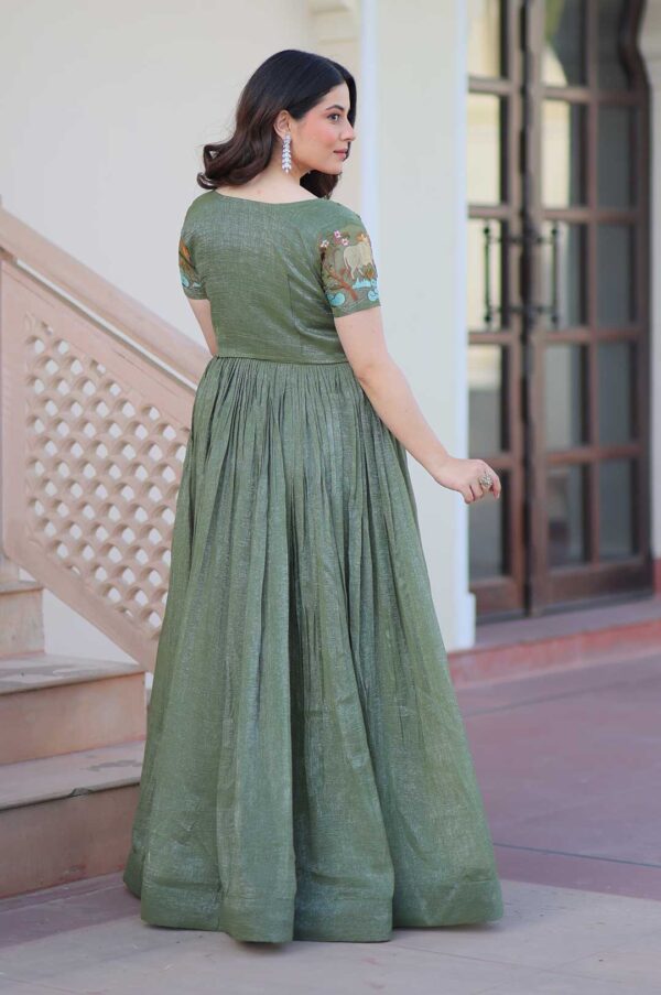 Green Elegant Silver Crunchy Fabric Gown with Embroidered Koti