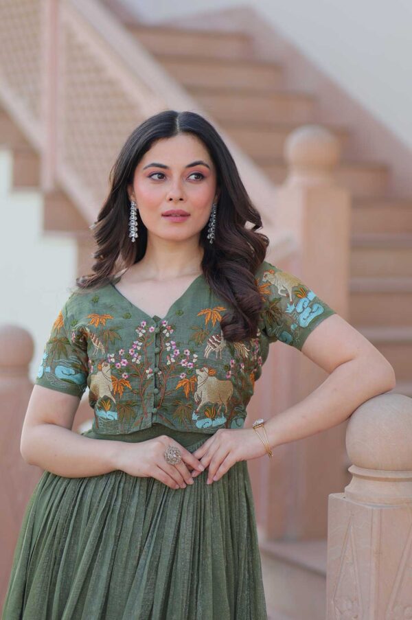 Green Elegant Silver Crunchy Fabric Gown with Embroidered Koti