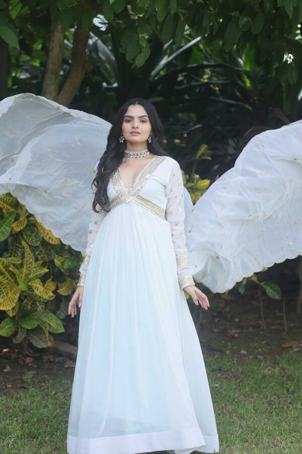 Elegant White Faux Blooming Gown with Embroidered Dupatta