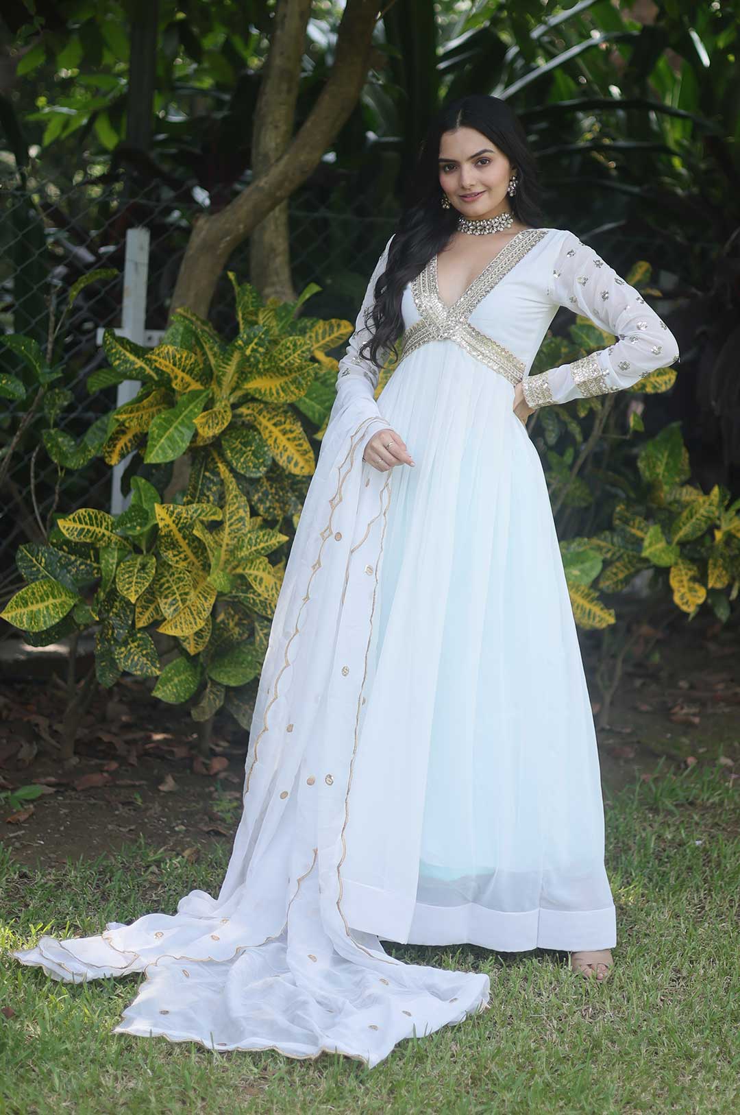 Elegant White Faux Blooming Gown with Embroidered Dupatta