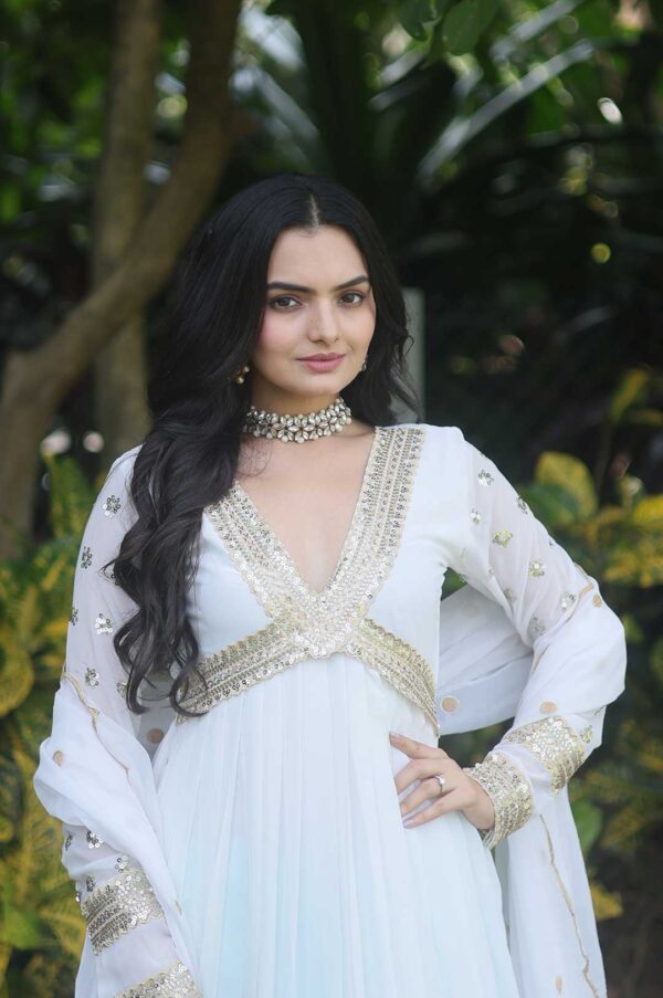 Elegant White Faux Blooming Gown with Embroidered Dupatta