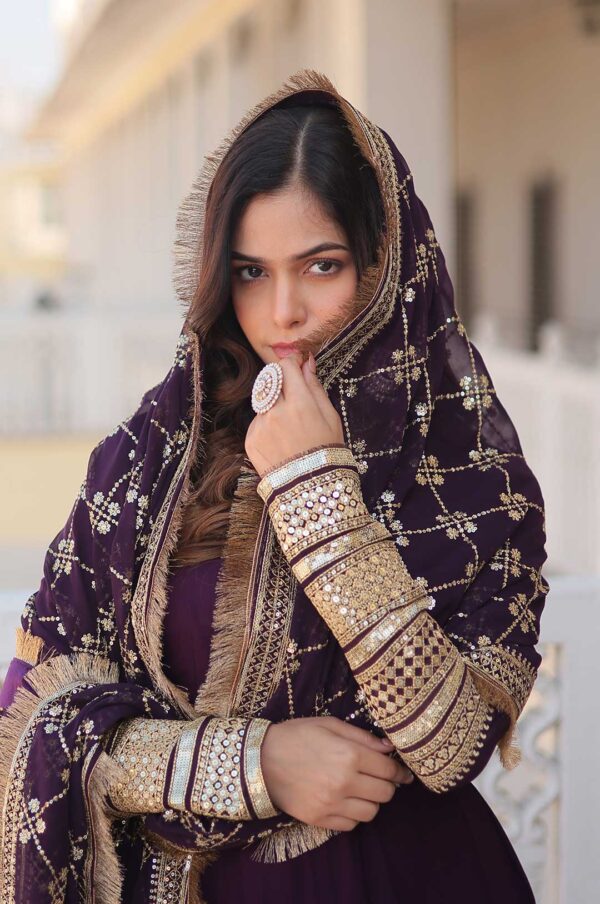 Graceful Wine Faux Blooming Gown with Designer Sequins Dupatta