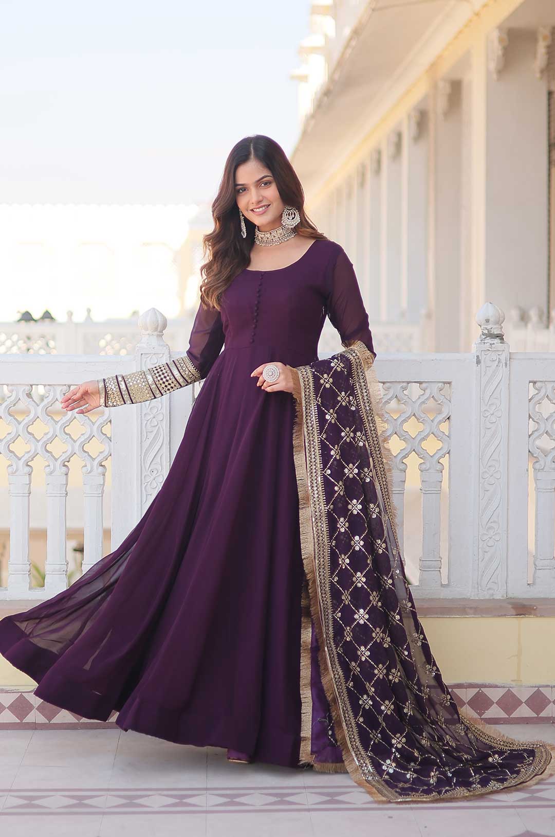 Graceful Wine Faux Blooming Gown with Designer Sequins Dupatta