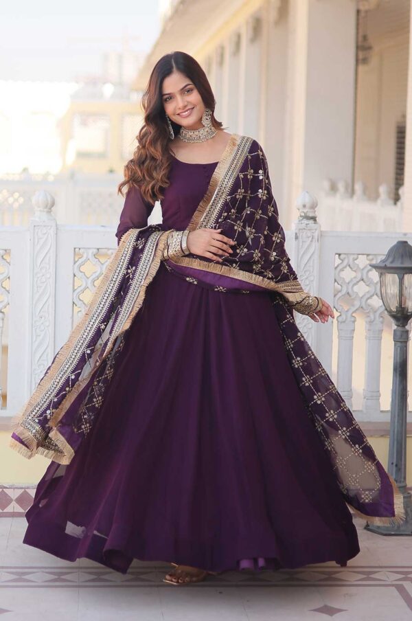 Graceful Wine Faux Blooming Gown with Designer Sequins Dupatta