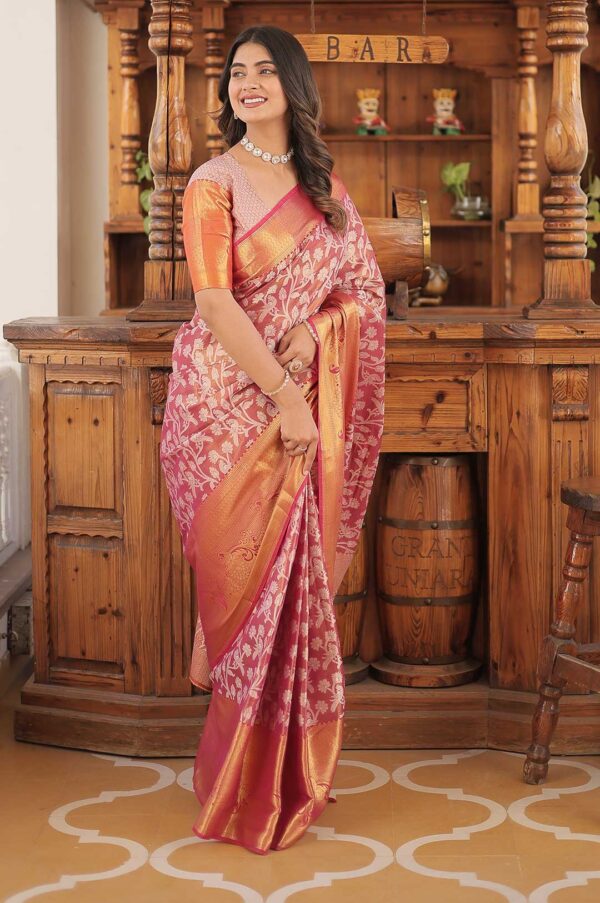 Ethereal Charm – Pink Kanjivaram Silk Saree with Zari Weaving Work with Floral Design
