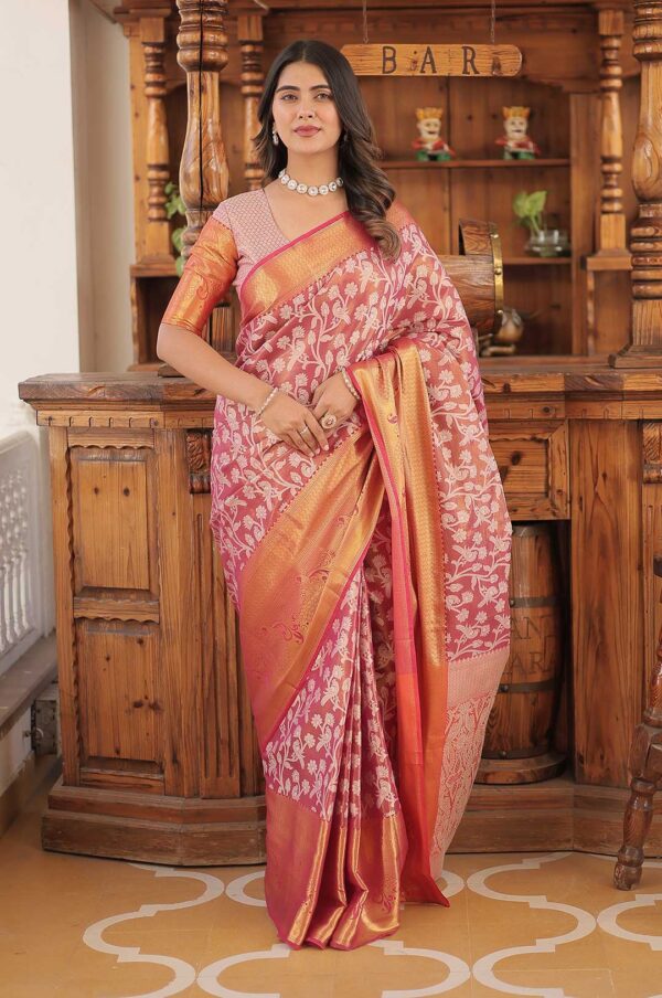 Ethereal Charm – Pink Kanjivaram Silk Saree with Zari Weaving Work with Floral Design