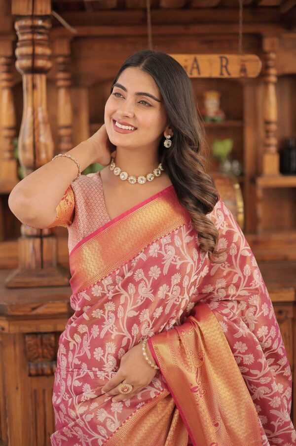 Ethereal Charm – Pink Kanjivaram Silk Saree with Zari Weaving Work with Floral Design