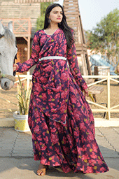Exquisite Floral Digital Print Faux Georgette Gown with Dupatta & Fancy Belt