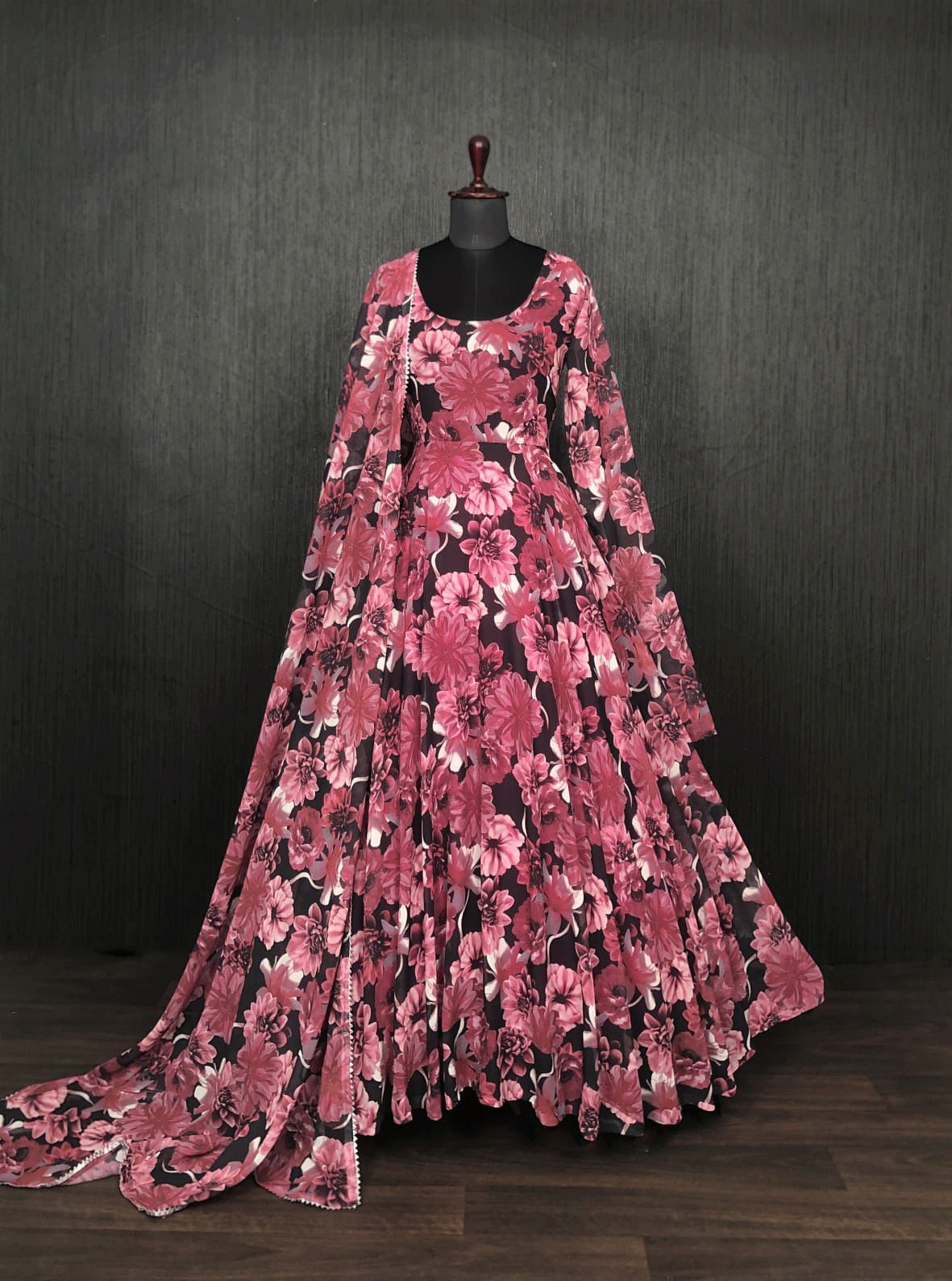 Floral Faux Georgette Gown with Dupatta – Digital Print Partywear Gown