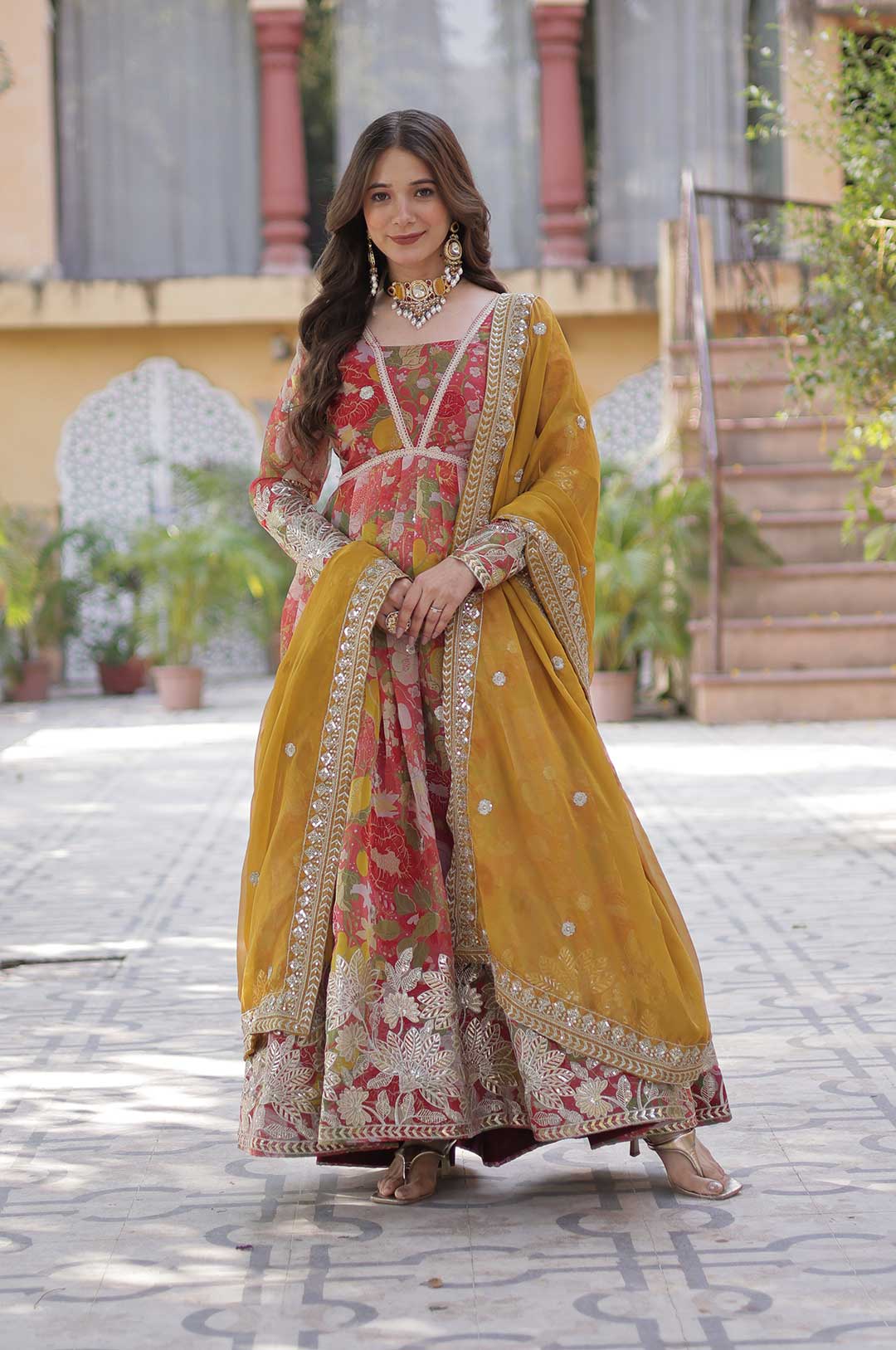 Floral Print Russian Silk Anarkali Set – A Blooming Blend of Elegance & Glamour