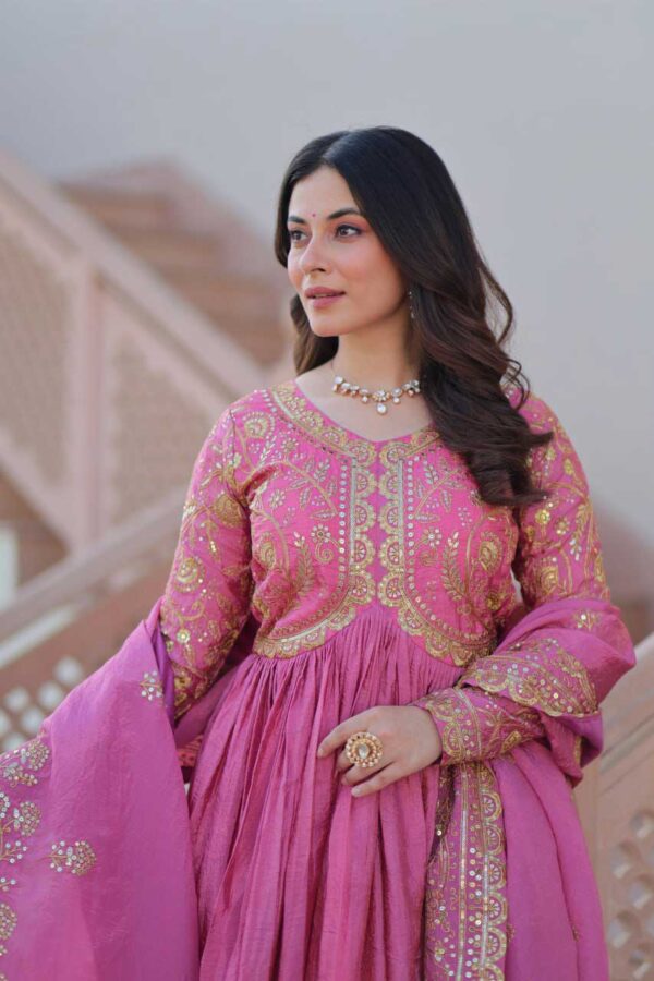 Gold-Crush Sequin Embroidered Gown with Dupatta – Pink