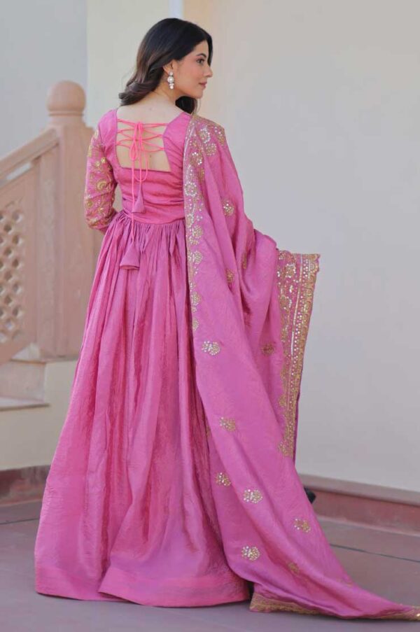 Gold-Crush Sequin Embroidered Gown with Dupatta – Pink