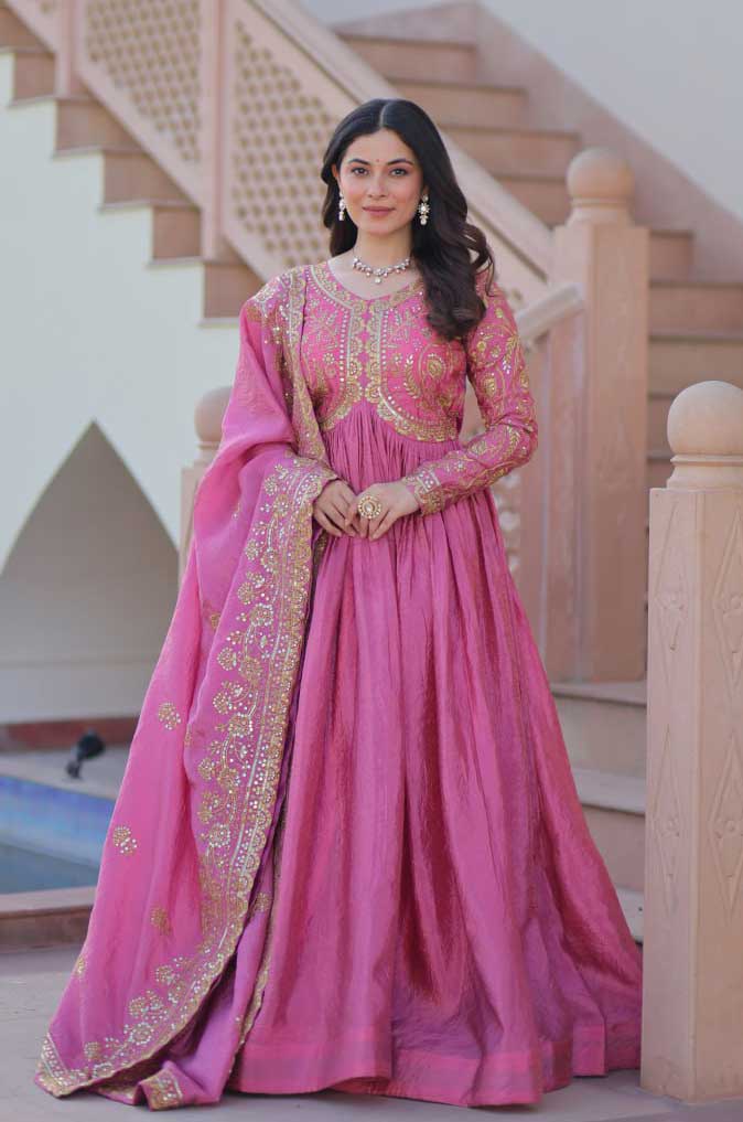 Gold-Crush Sequin Embroidered Gown with Dupatta – Pink