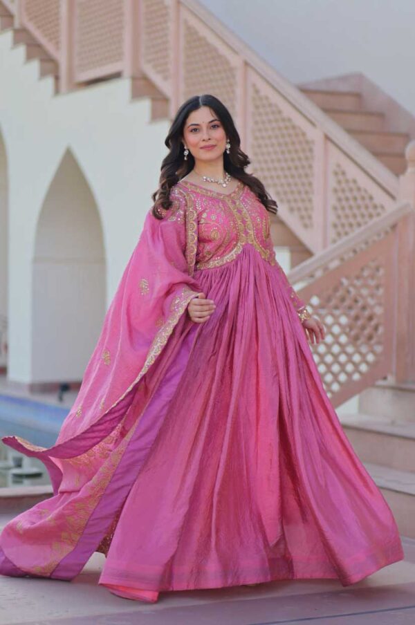 Gold-Crush Sequin Embroidered Gown with Dupatta – Pink