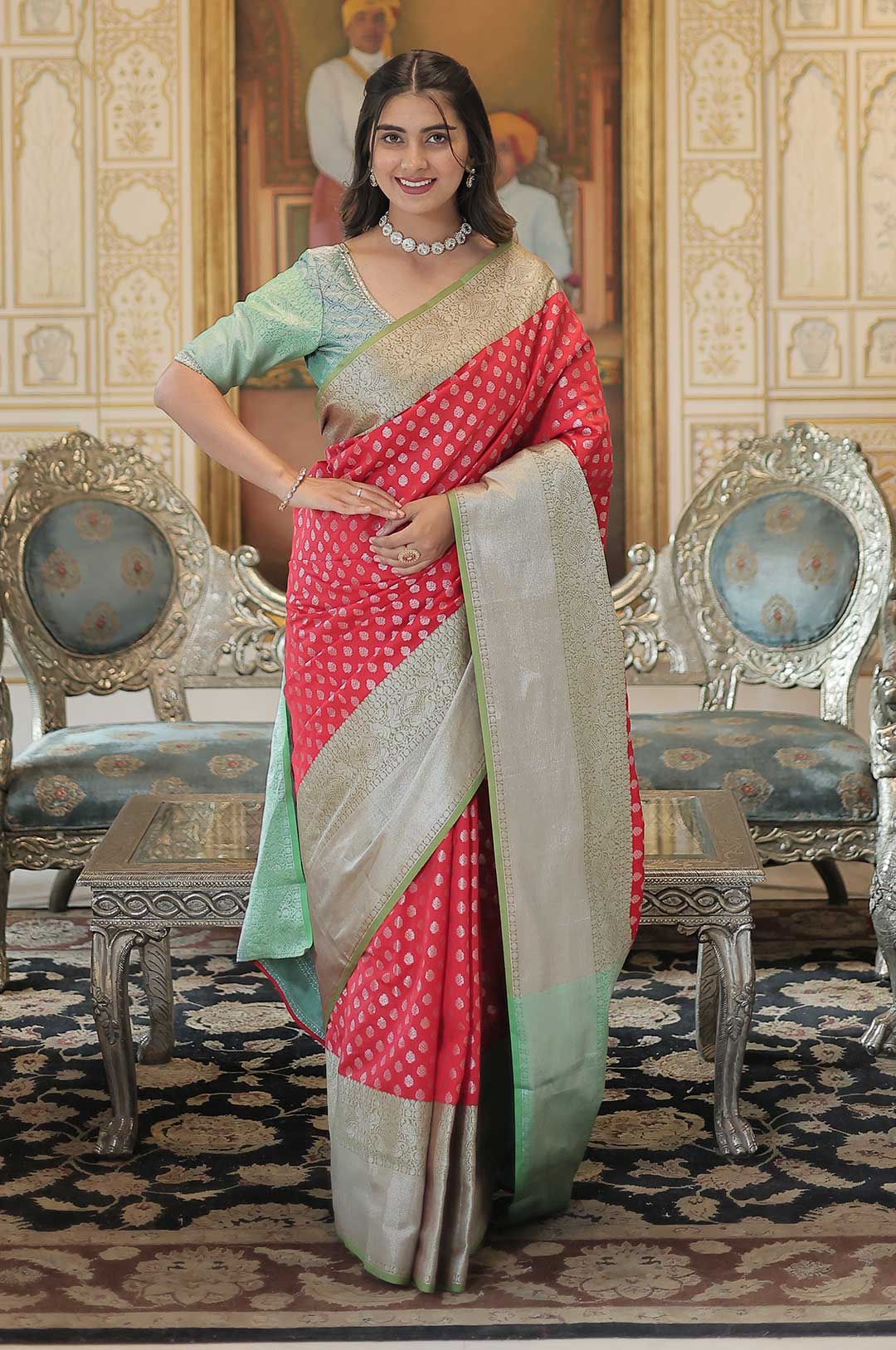 Grace of Tradition –Red and Green Kanjivaram Silk Saree with Zari Weaving