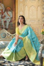 Graceful-Glory-–-Blue-and-Yellow-Kanjivaram-Silk-Saree-with-Zari-Weaving-