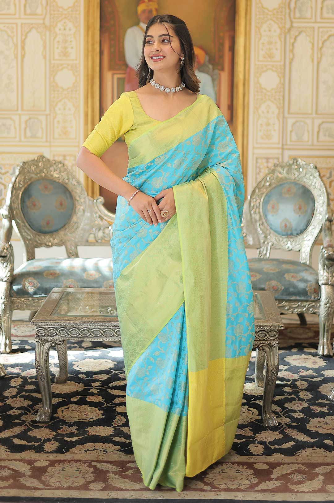 Graceful Glory – Blue and Yellow Kanjivaram Silk Saree with Zari Weaving