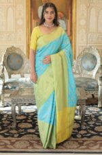 Graceful-Glory-–-Blue-and-Yellow-Kanjivaram-Silk-Saree-with-Zari-Weaving--4