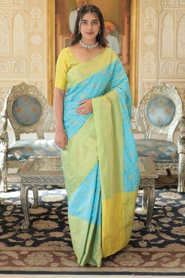 Graceful Glory – Blue and Yellow Kanjivaram Silk Saree with Zari Weaving