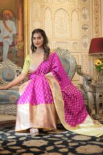 Graceful-Glory-–--Hot-Pink-and-Gold-Kanjivaram-Silk-Saree-with-Zari-Weaving-Work-with-Green-Blouse