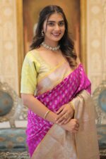 Graceful-Glory-–--Hot-Pink-and-Gold-Kanjivaram-Silk-Saree-with-Zari-Weaving-Work-with-Green-Blouse-2