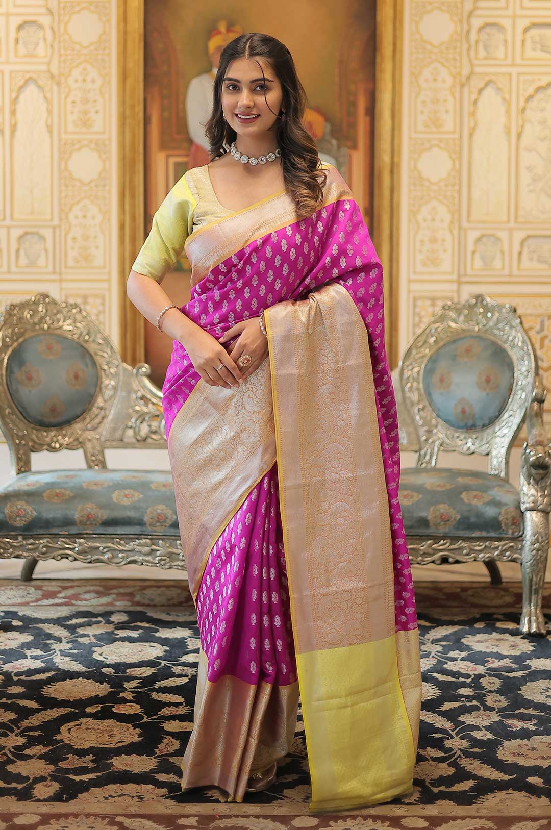 Graceful Glory – Hot Pink and Gold Kanjivaram Silk Saree with Zari Weaving Work with Green Blouse